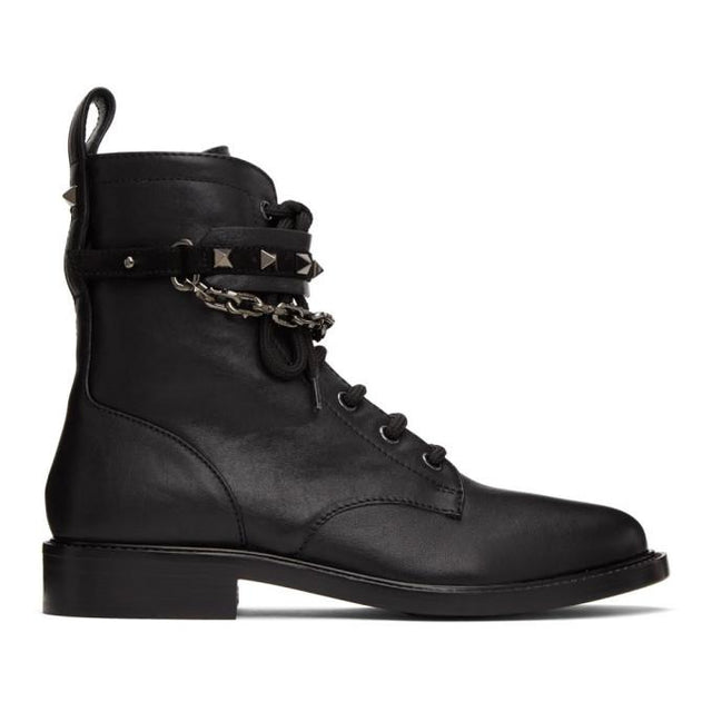 Valentino Black Valentino Garavani Chain Rockstud Lace-Up Boots