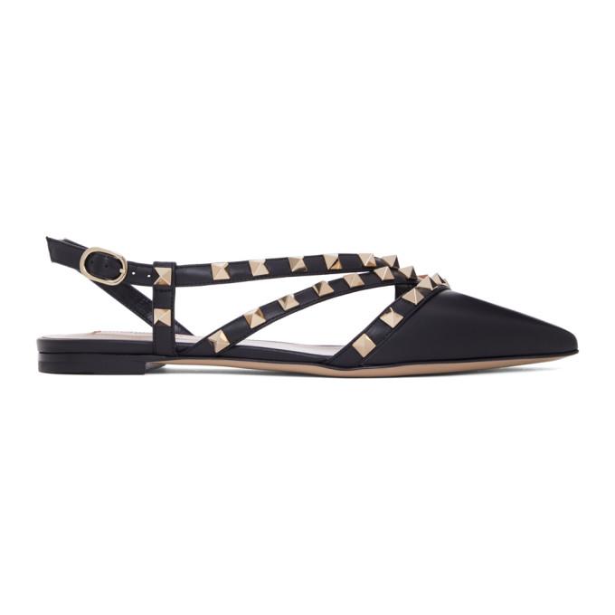 Valentino Black Valentino Garavani Double Strap Rockstud Slingback Ballerina Flats