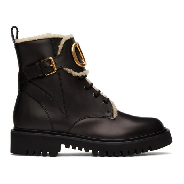 Valentino Black Valentino Garavani VLogo Shearling Combat Boots
