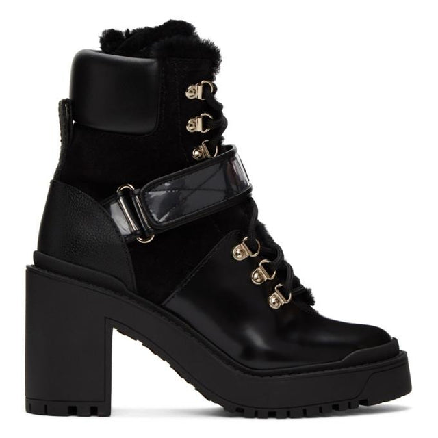 Valentino Black Valentino Garavani VLogo Shearling Heeled Boots