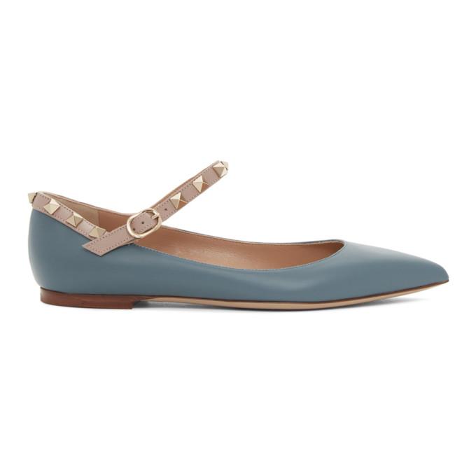 Valentino Blue Valentino Garavani Ankle Strap Rockstud Ballerina Flats