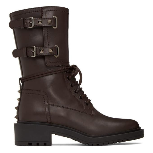 Valentino Brown Valentino Garavani Rockstud Double-Buckle Combat Boots