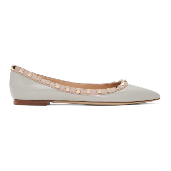 Valentino Grey and Pink Valentino Garavani Patent Rockstud Ballerina Flats
