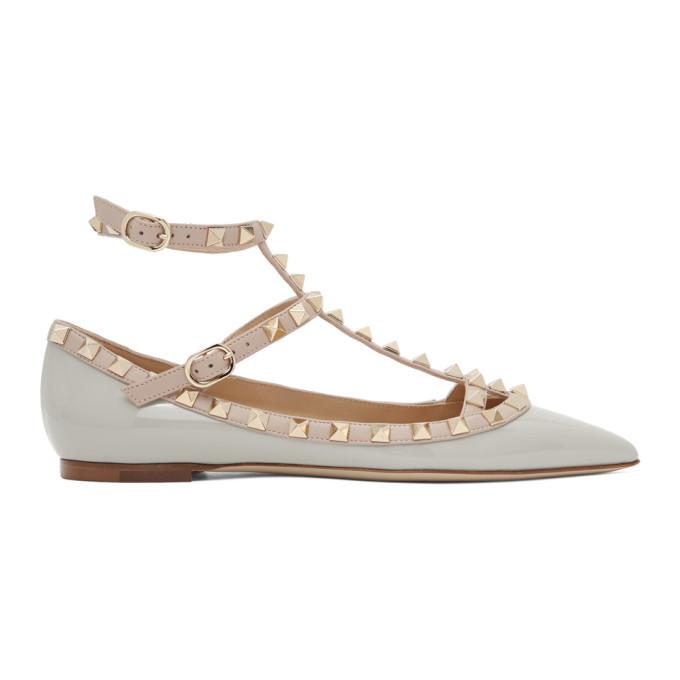Valentino Grey and Pink Valentino Garavani Patent Rockstud Cage Ballerina Flats