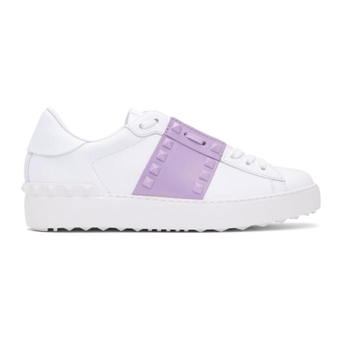 Valentino White and Purple Valentino Garavani Rockstud Open Sneakers