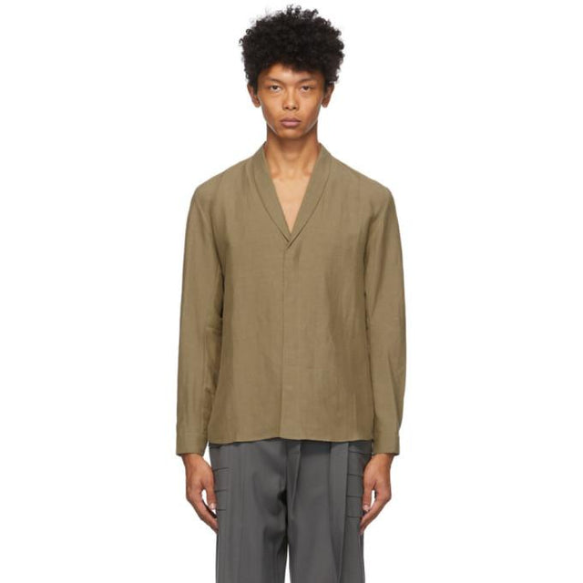 Vejas Brown Silk and Linen Shawl Collar Shirt