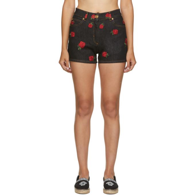 Versace Black Denim Rose Shorts