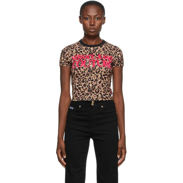 Versace Jeans Couture Beige and Black Leopard Crop T-Shirt