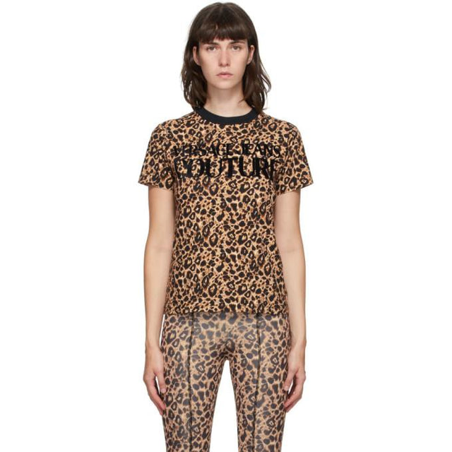 Versace Jeans Couture Beige and Black Leopard Logo T-Shirt