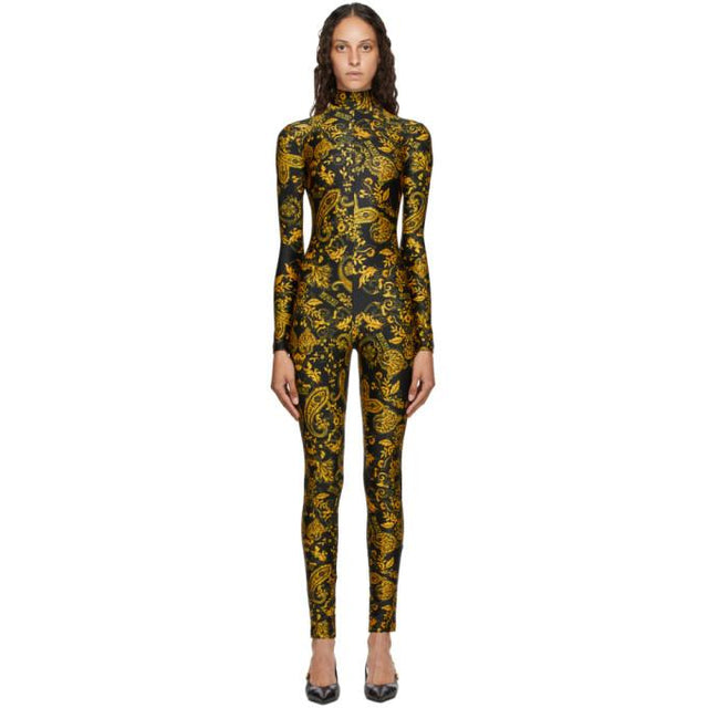 Versace Jeans Couture Black and Gold Paisley Print Jumpsuit