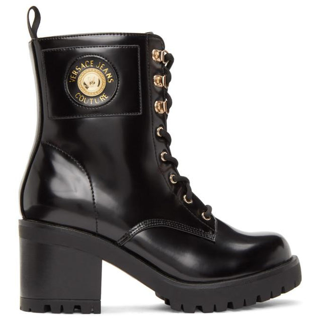 Versace Jeans Couture Black Patent Faux-Leather Institutional Logo Boots