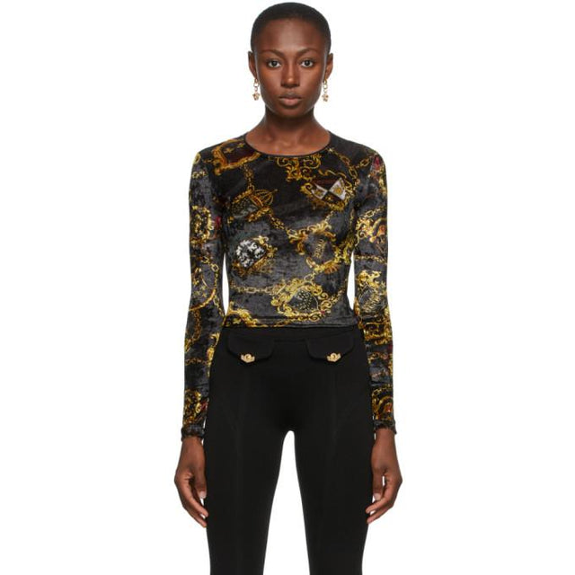 Versace Jeans Couture Black Velvet Shields and Chains Long Sleeve T-Shirt