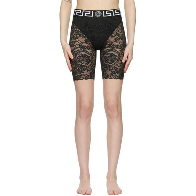 Versace Underwear Black Lace Greca Border Shorts