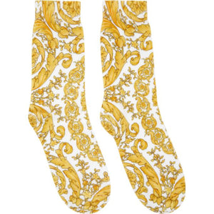 Versace White and Yellow Barocco Print Socks