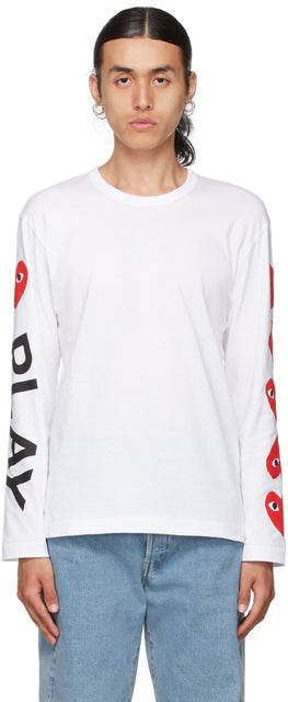 Comme des GarÃ§ons Play White Multi Hearts Big Logo Long Sleeve T-Shirt - T-shirt à manches longues Big Multi Headts White Multi Headts - comme des garÃ§ons 화이트 멀티 하트 큰 로고 긴 소매 티셔츠