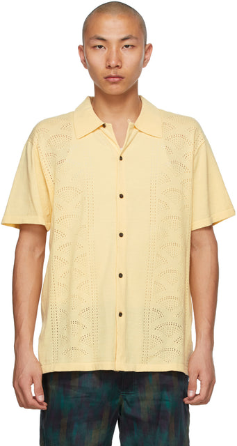 Double Rainbouu Yellow Knit 'Retro Rainbouu' Short Sleeve Shirt - Double chemise à manches courtes en maille jaune 'rétro rainbouu' - 더블 Rainbouu Yellow Knit 'Retro Rainbouu'짧은 소매 셔츠
